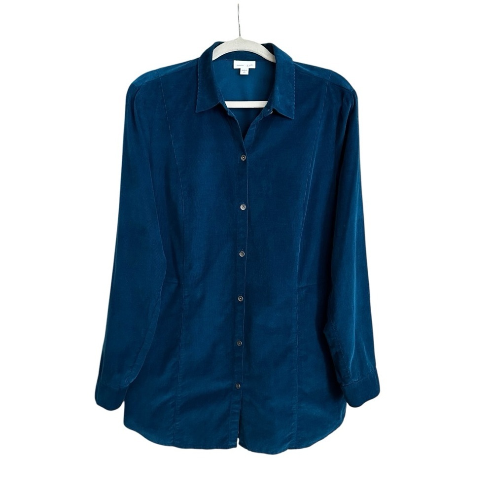 J. JILL Corduroy Button Down ‎Tunic Shirt Teal Blue Normcore Coastal Layer Sz LT